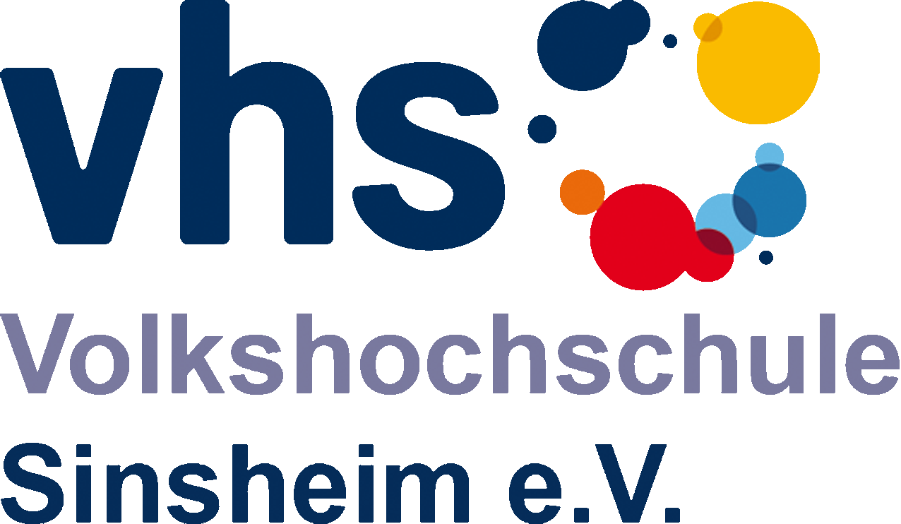 Logo der Volkshochschule Sinsheim e.V. mit 'vhs' in Blau und bunten Kreisen. Schrift darunter: 'Volkshochschule Sinsheim e.V.'.