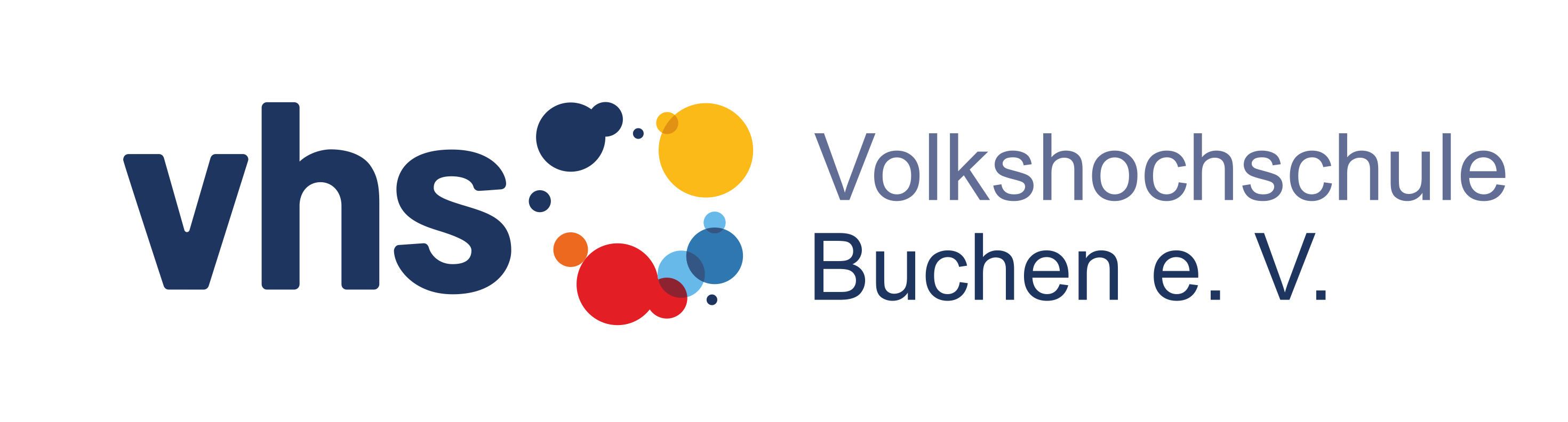 Logo der VHS Buchen mit Schrift 'vhs' und 'Volkshochschule Buchen e. V.', samt bunten, überschneidenden Kreisen.