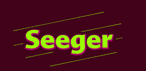 Seeger in neongrünen Schriftzug auf weinrotem Hintergrund