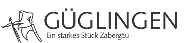Güglingen in schwarzer Schrift ausgeschrieben. darunter der Slogan Ein starkes Stück Zabergäu. Rechts daneben ein schwarz weißes Symbol